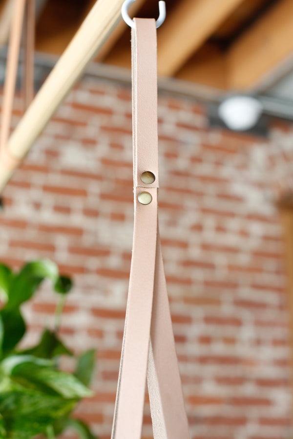 Detail of leather plant hanger showing brass rivets and hanging loop