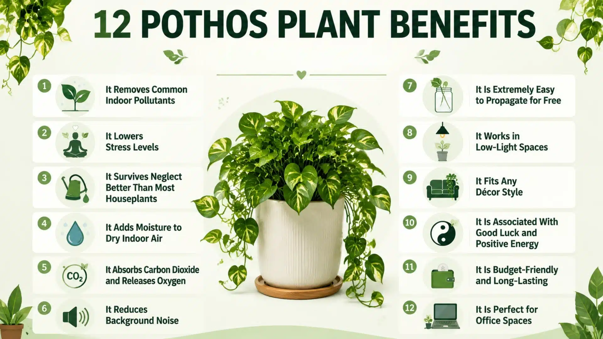  A clean infographic showing a central pothos plant with a list of twelve benefits like air purification, stress reduction, humidity control, and low maintenance care in a green themed layout.