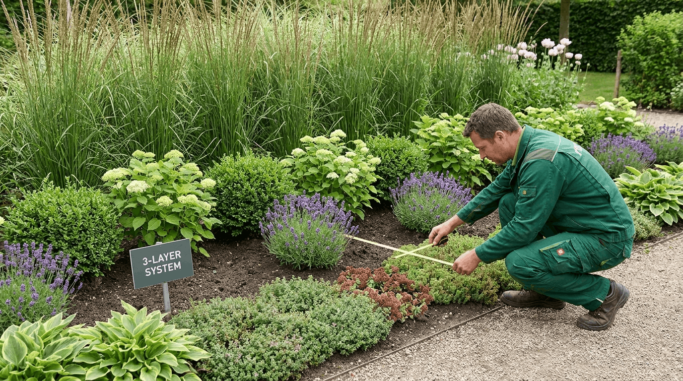 Three-tier layered garden with tall plants at the back, medium plants in the middle, and low ground cover at the front edge.