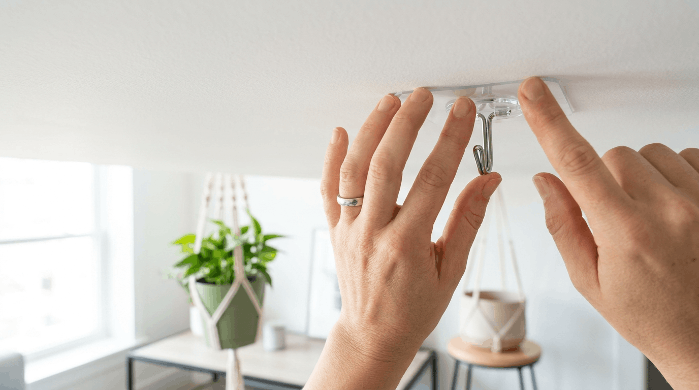 Adhesive ceiling hook being pressed onto clean ceiling surface for lightweight indoor hanging plant installation setup.