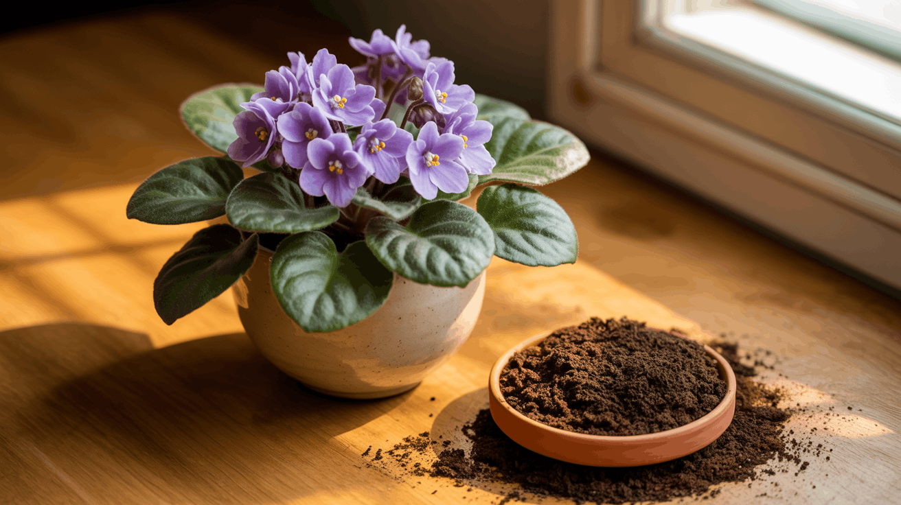 African violet indoor plant with purple flowers in small pot placed near window with soft daylight exposure.
