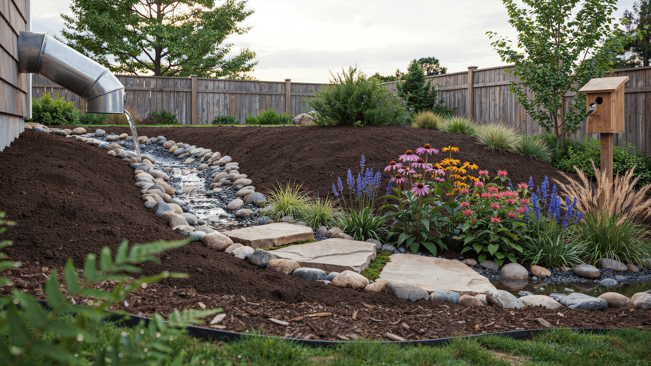 Backyard rain garden with natural curved shape dry creek bed stepping stones and native plants after rainfall.