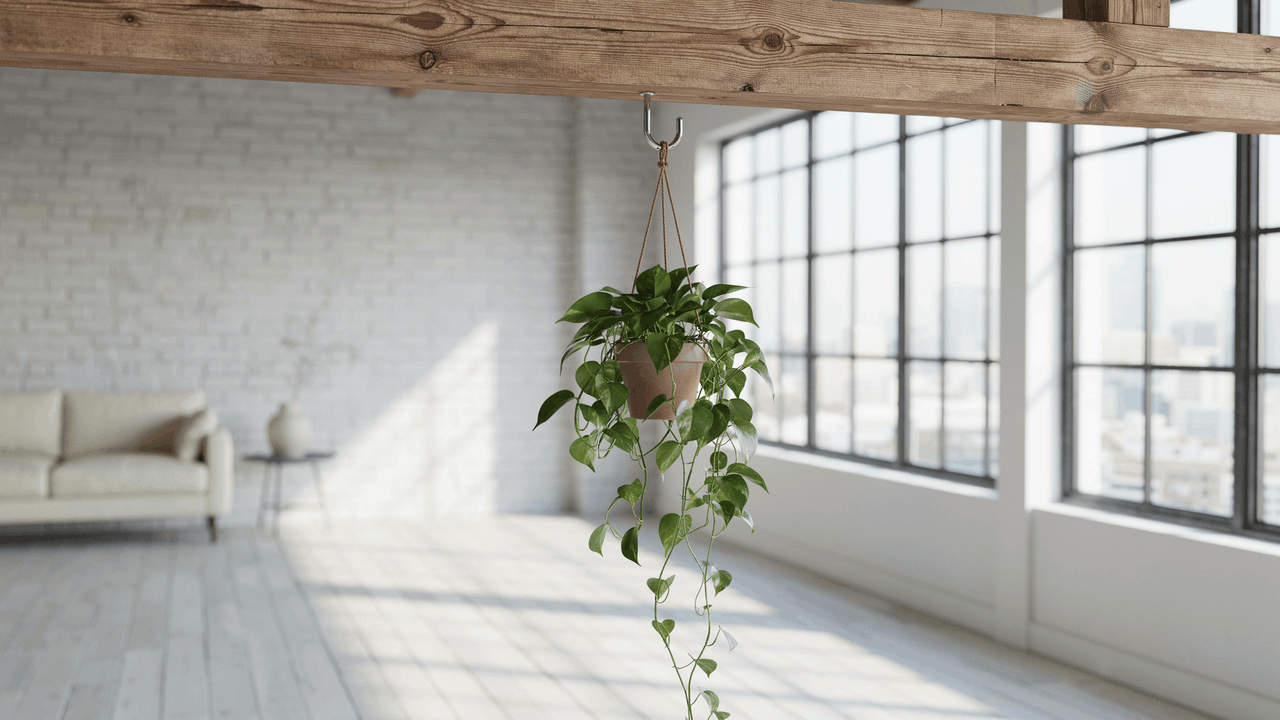 Hanging plant attached using S hook over exposed wooden ceiling beam in modern loft style indoor space with sunlight.