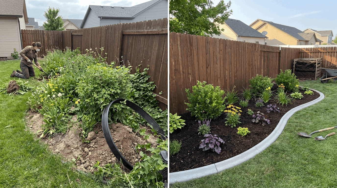 Garden border renovation showing cleared weeds, improved soil, and new edging installed for replanting.