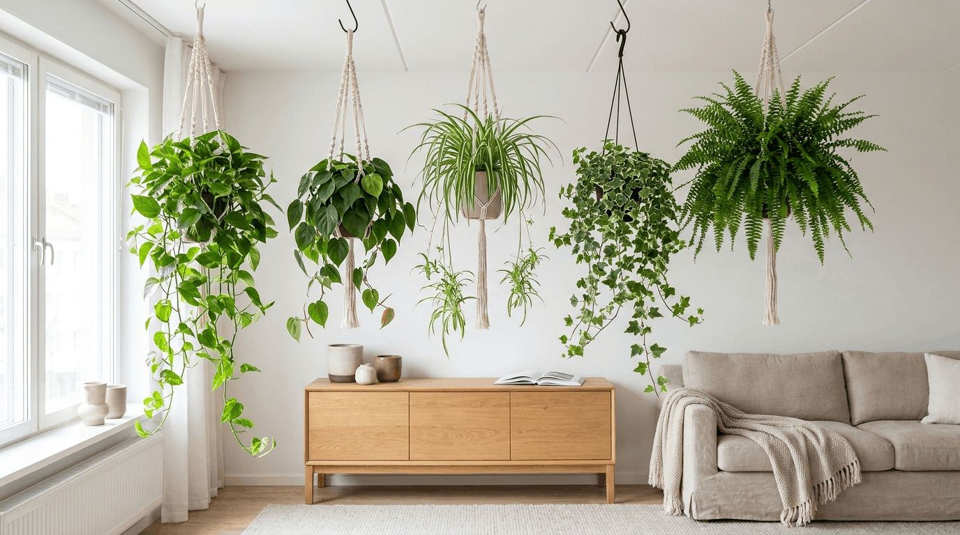 Row of modern indoor hanging plants in macrame pots arranged above console table in bright minimal living space.