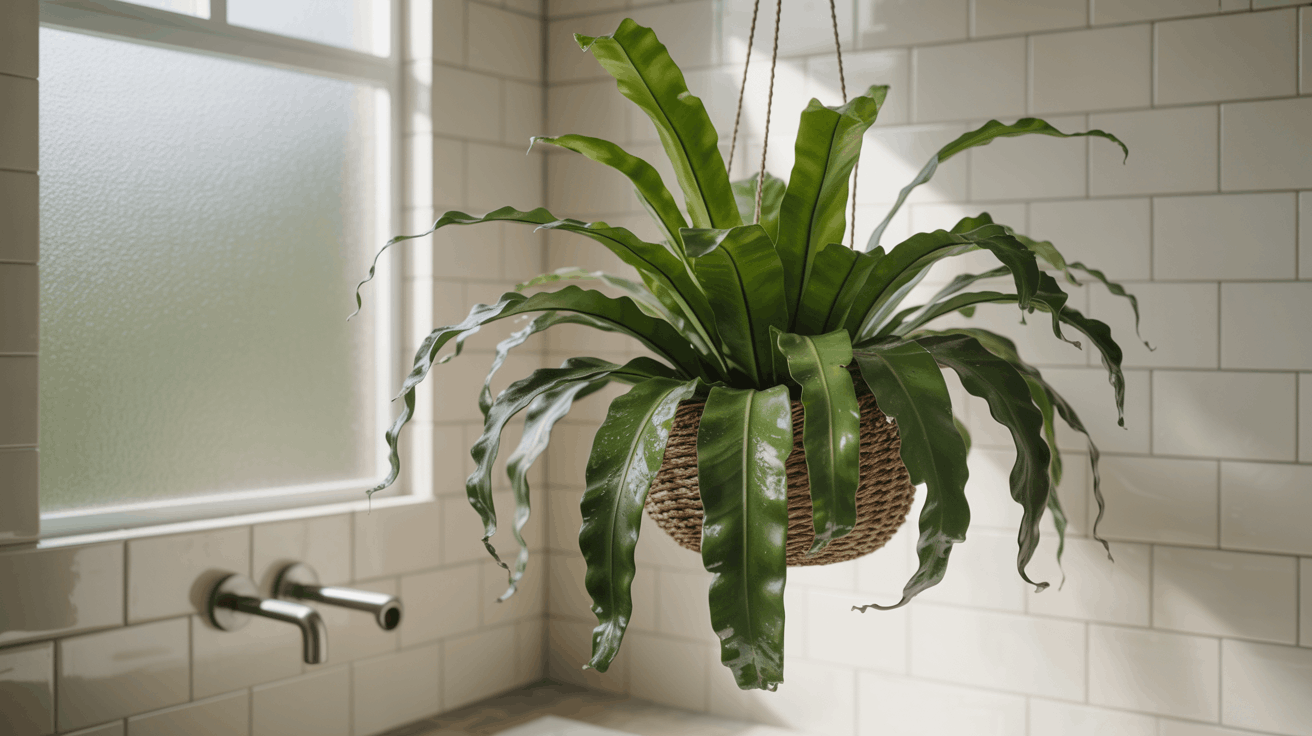 Bird nest fern hanging plant with wide fronds in clean modern bathroom with soft diffused window lighting.