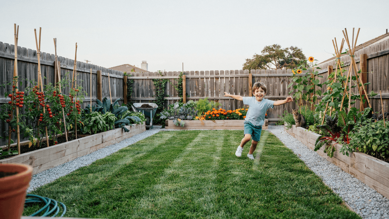 Backyard border garden along fence with vegetable beds leaving open central lawn space for movement and activities.