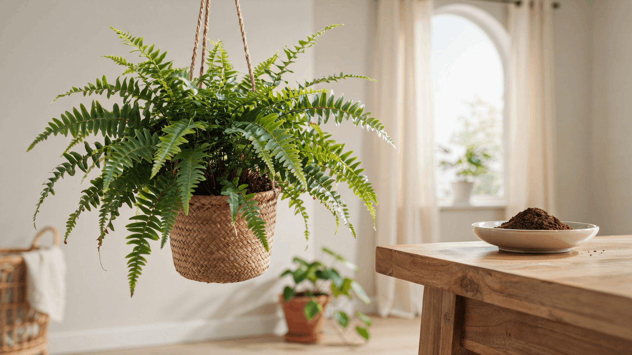 Hanging Boston fern plant with lush green fronds placed in woven basket inside bright airy living room space.