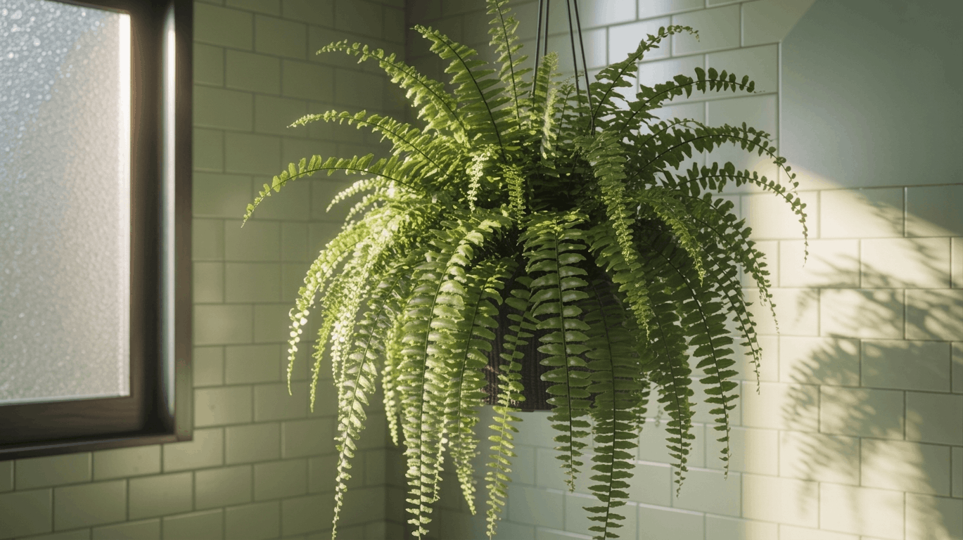 Boston fern hanging plant with lush fronds in humid bathroom with soft natural light and steam atmosphere.