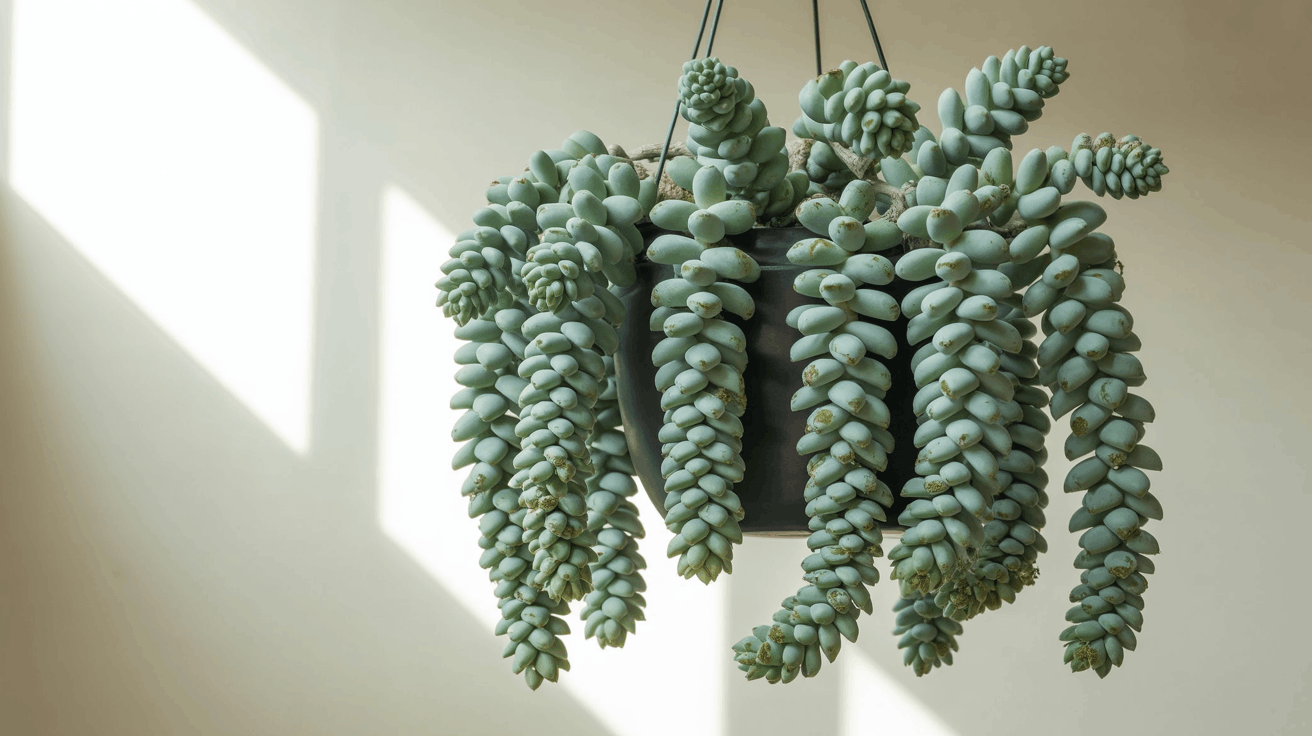 Burro’s tail succulent hanging plant with thick trailing stems and fleshy leaves in bright indoor living room.