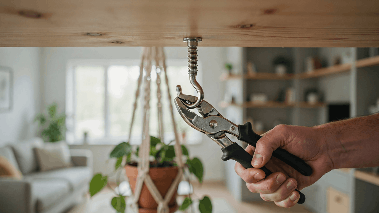 Close up of screw hook installed into wooden ceiling joist securing hanging plant in modern indoor home environment.