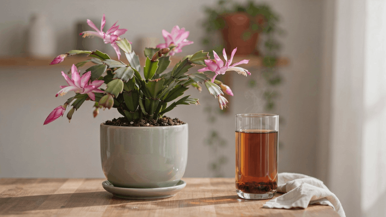 Christmas cactus plant with blooming pink flowers placed on wooden table beside natural sunlight indoor setting.