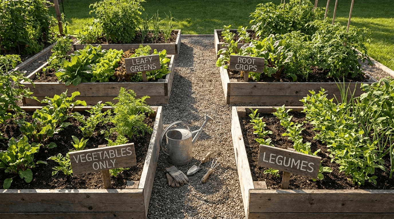 Four raised beds arranged in a square with a cross-shaped central path for classic four-bed crop rotation.