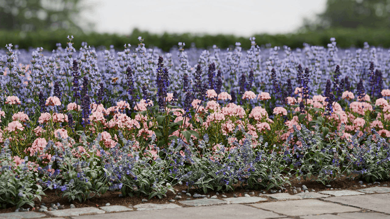 Cool-toned garden border with blue, purple, and pink flowers arranged in calm layered planting structure.