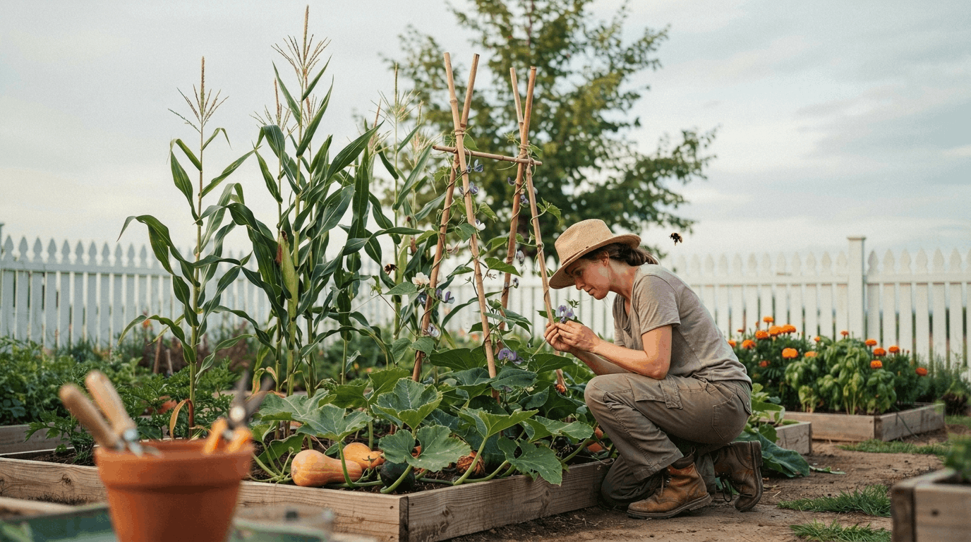 Vegetable garden using companion planting with corn, beans, and squash growing together in a natural three sisters layout.
