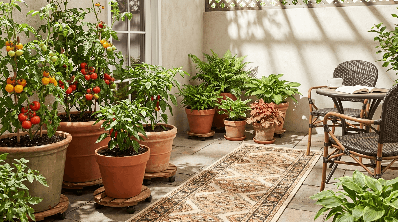Patio container garden with grouped pots of vegetables and herbs arranged by sunlight needs in movable planters.