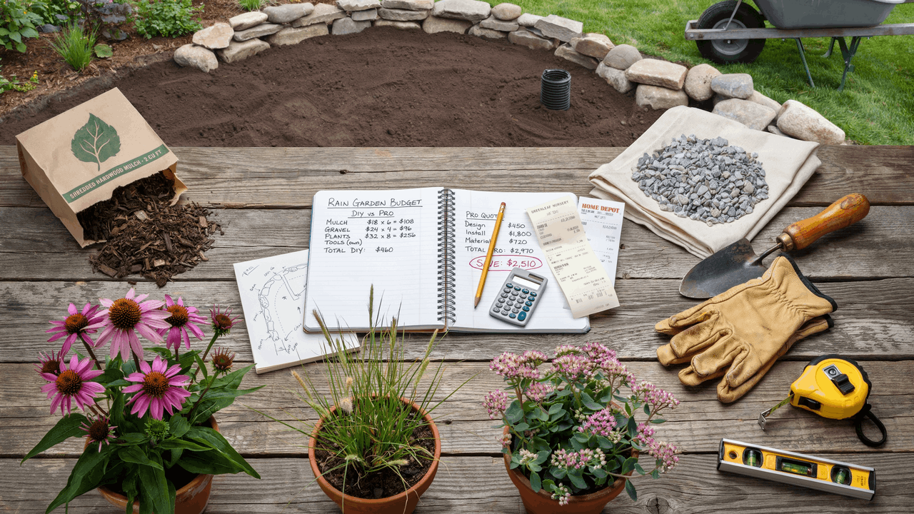 DIY rain garden materials laid out including mulch gravel plants tools and soil showing cost breakdown and installation planning.