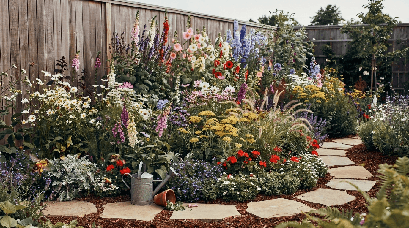 Dense cottage garden with layered planting of tall flowers at the back, medium plants in the middle, and low ground cover at the front.
