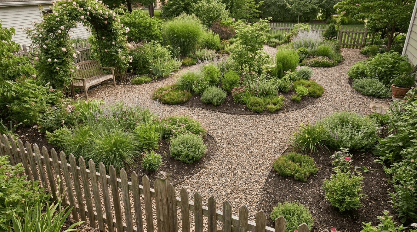 Backyard garden with curved gravel pathways weaving through planting beds creating a natural flowing landscape design.