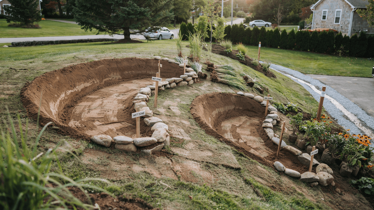 Rain garden outline shaped kidney form with gravel inlet and berm structure showing planned water flow direction in yard.