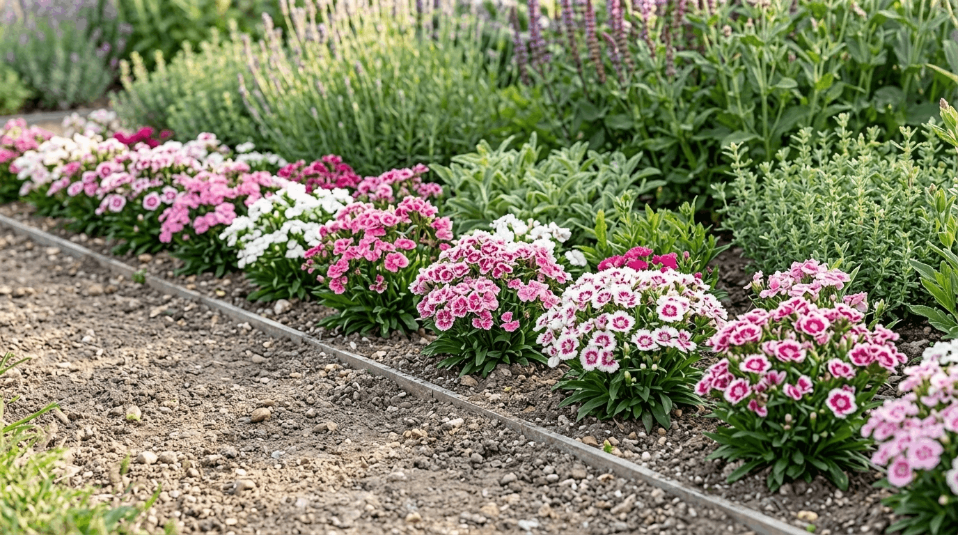 Pink and red dianthus flowers with blue-green grass-like foliage along the sunny front edge of a border