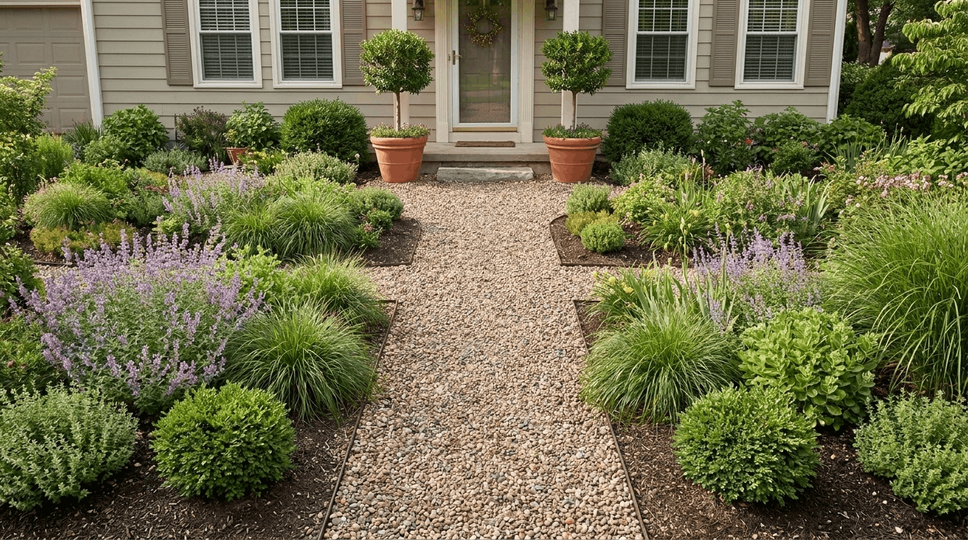 Front yard garden with symmetrical planting beds and shrubs on both sides of a central walkway to the home.