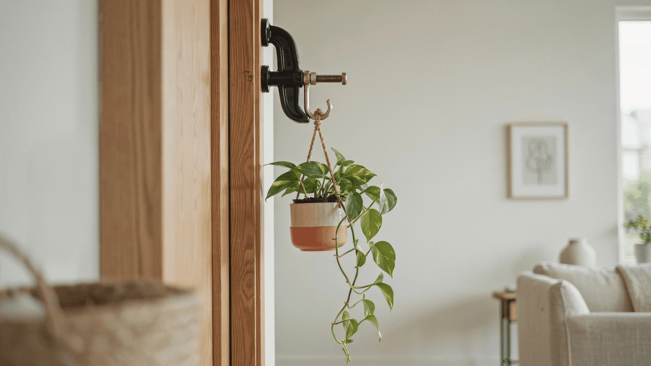 C clamp attached to door frame supporting hanging plant in modern indoor space using no drill installation method.