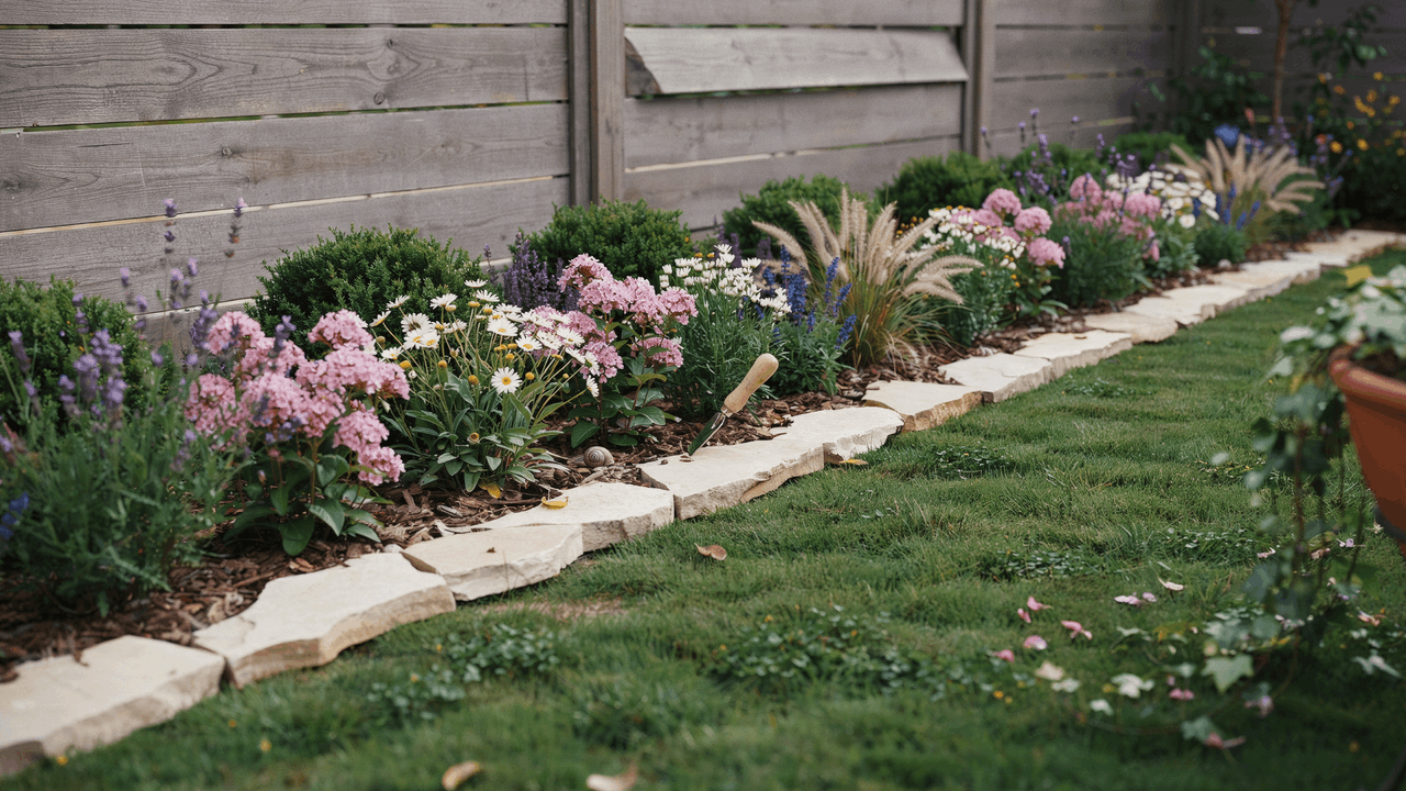 Real backyard garden border with stone edging separating lawn and flower bed in natural daylight.