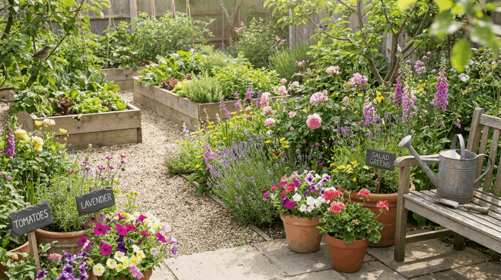 Backyard garden Layout with like raised beds with flowers, vegetables, and potted containers.