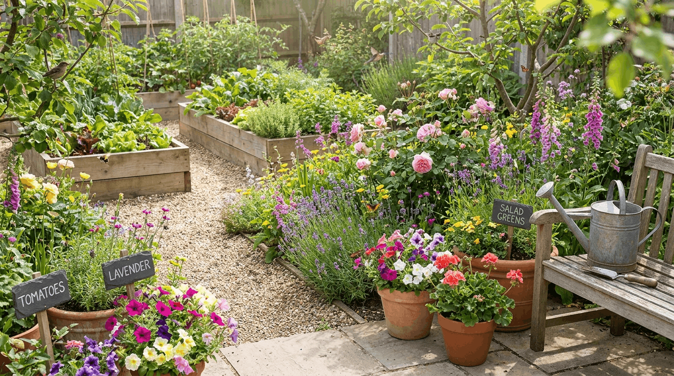 Backyard garden Layout with like raised beds with flowers, vegetables, and potted containers.