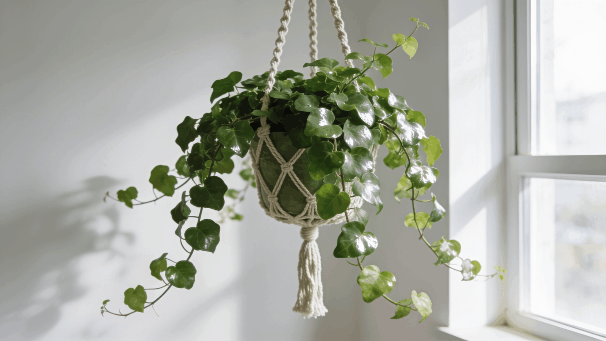 Grape ivy hanging plant with glossy leaves and arching vines displayed in clean modern indoor living room space.