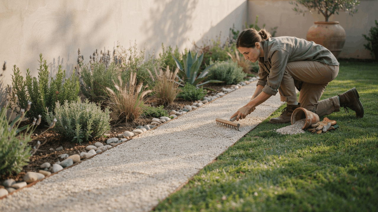 Dry garden border with gravel trench edging separating lawn from drought-tolerant planting beds.
