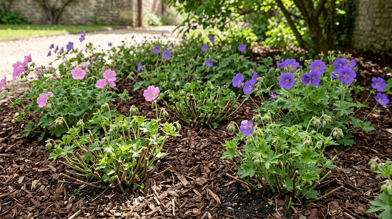 Hardy geranium 'Rozanne' with blue-purple flowers spreading naturally at the front of a mixed border