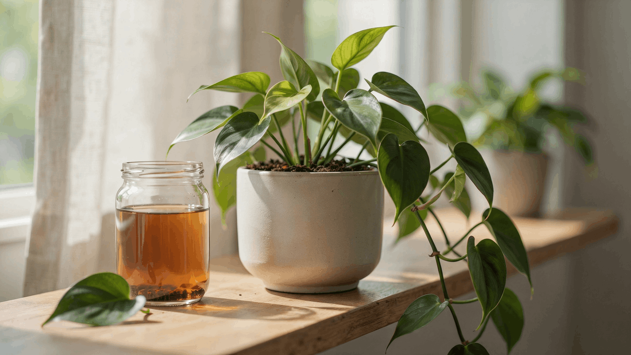 Heartleaf philodendron trailing indoor plant in pot showing cascading vines placed on wooden surface near window light.
