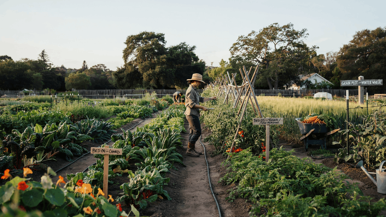 Large homestead garden with long crop rows for high food production and organized large-scale backyard farming layout.