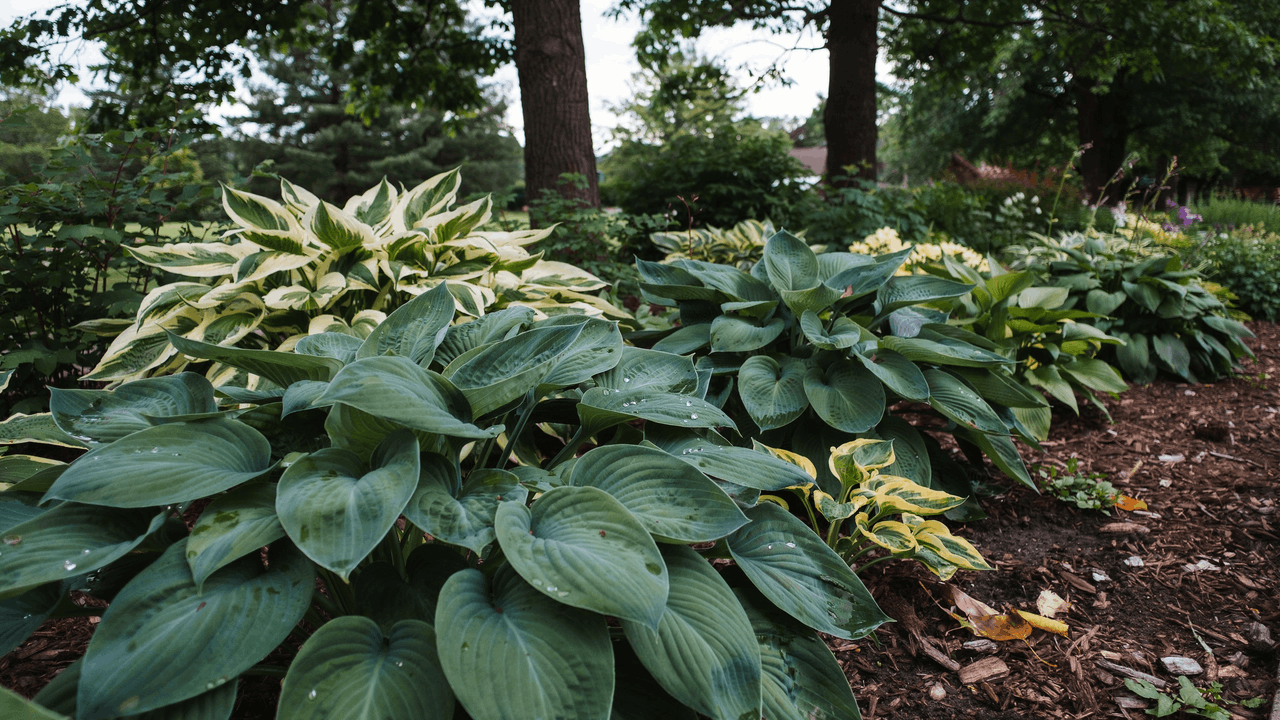 Large blue-green and variegated hostas layered in a shaded woodland-style border