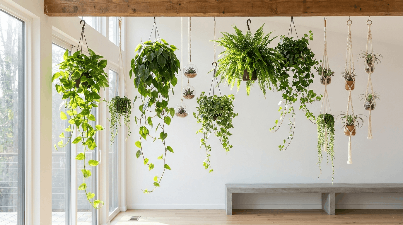 Indoor hanging plants including pothos ivy ferns and succulents displayed in bright modern home with natural light.