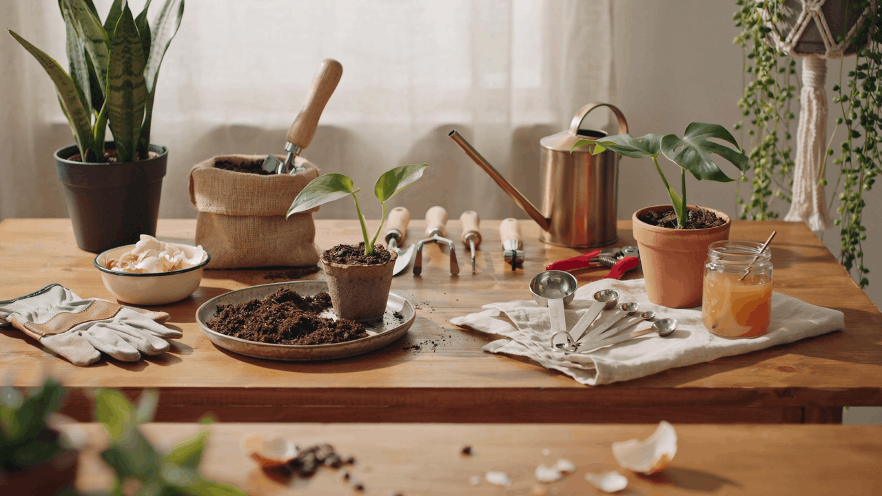 Step-by-step plant care setup showing how to safely add coffee grounds to soil for healthier indoor plants