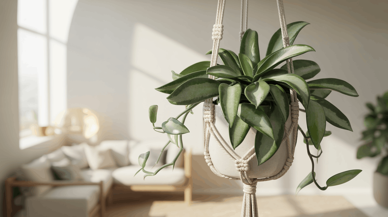 Hoya carnosa hanging plant with thick waxy leaves in macrame hanger inside bright modern indoor room.