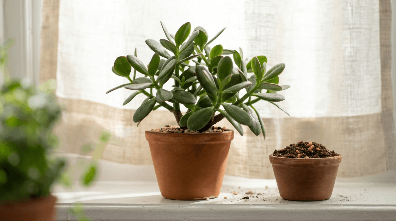 Healthy jade indoor plant in pot placed near window with natural light highlighting thick green succulent leaves.