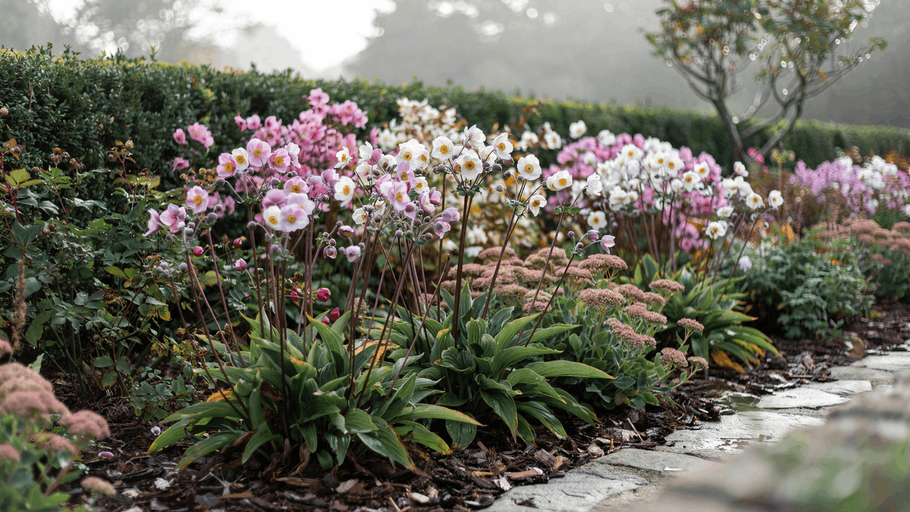 White and pink Japanese anemone flowers on tall stems in a late-summer partially shaded border