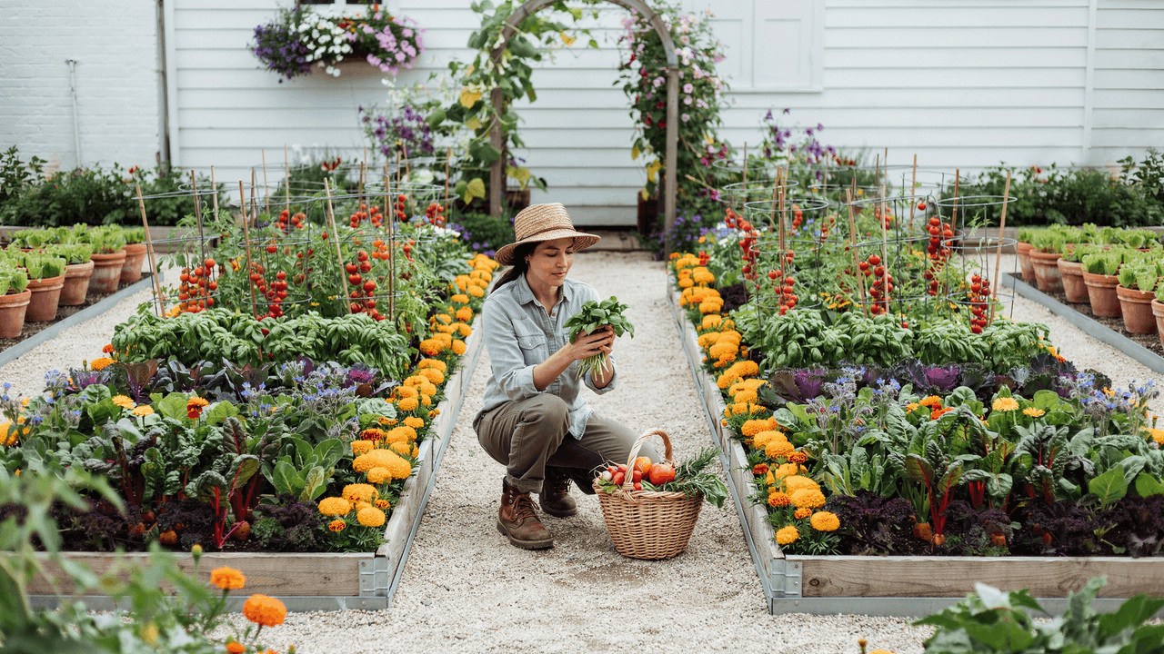Potager garden with vegetables, herbs, and edible flowers arranged in geometric beds with structured edible landscape design.