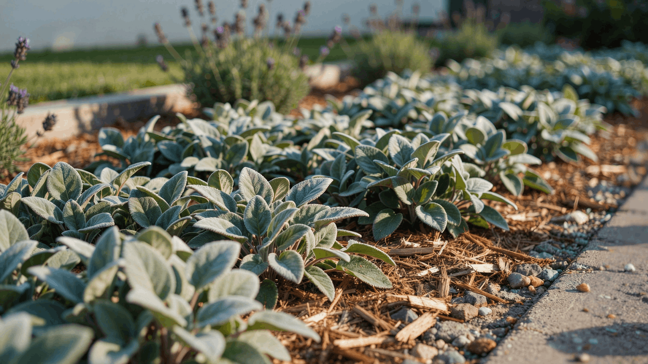 Silver-gray velvety lamb's ear foliage forming a soft textured edge along a sunny stone path
