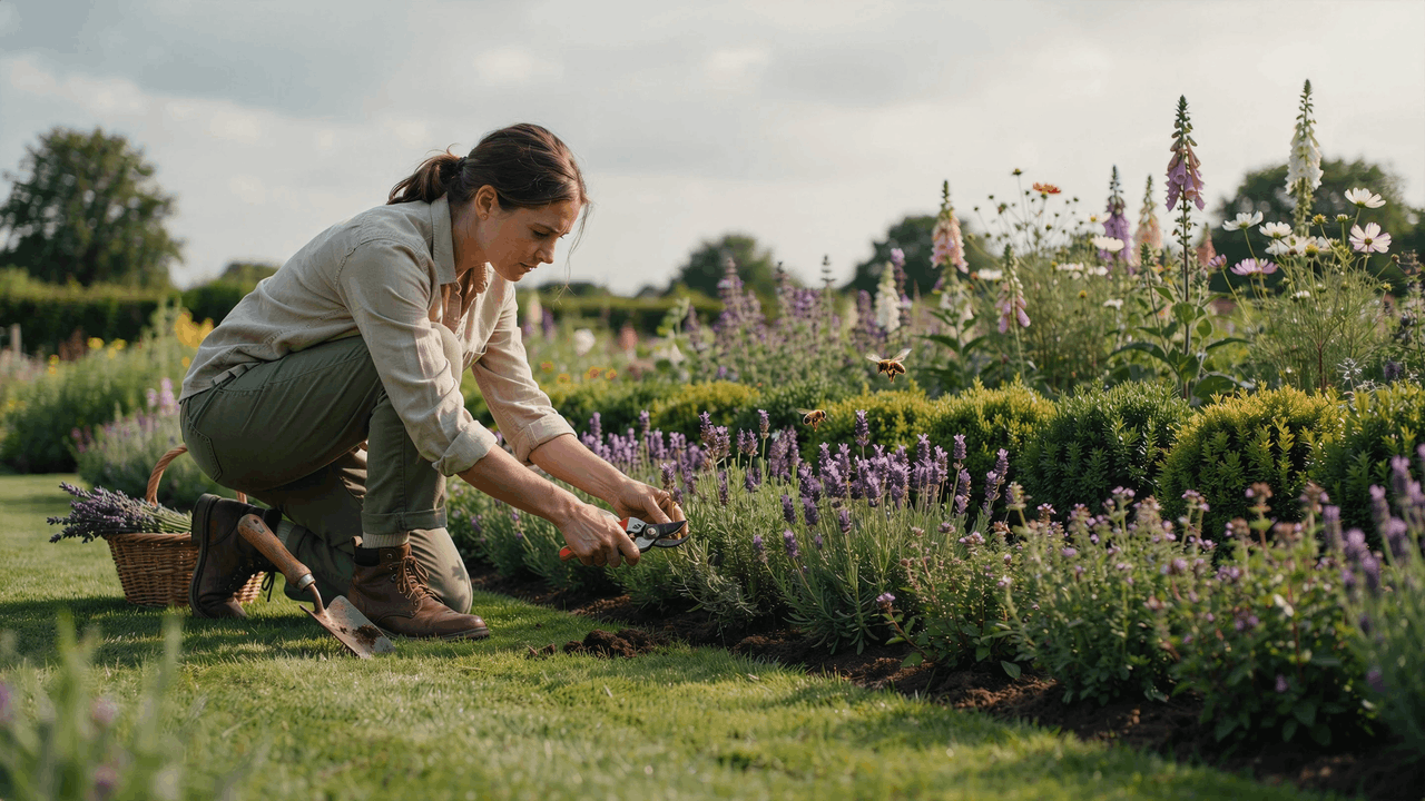 Natural garden border formed with living plants like lavender and thyme creating soft organic edging lines.