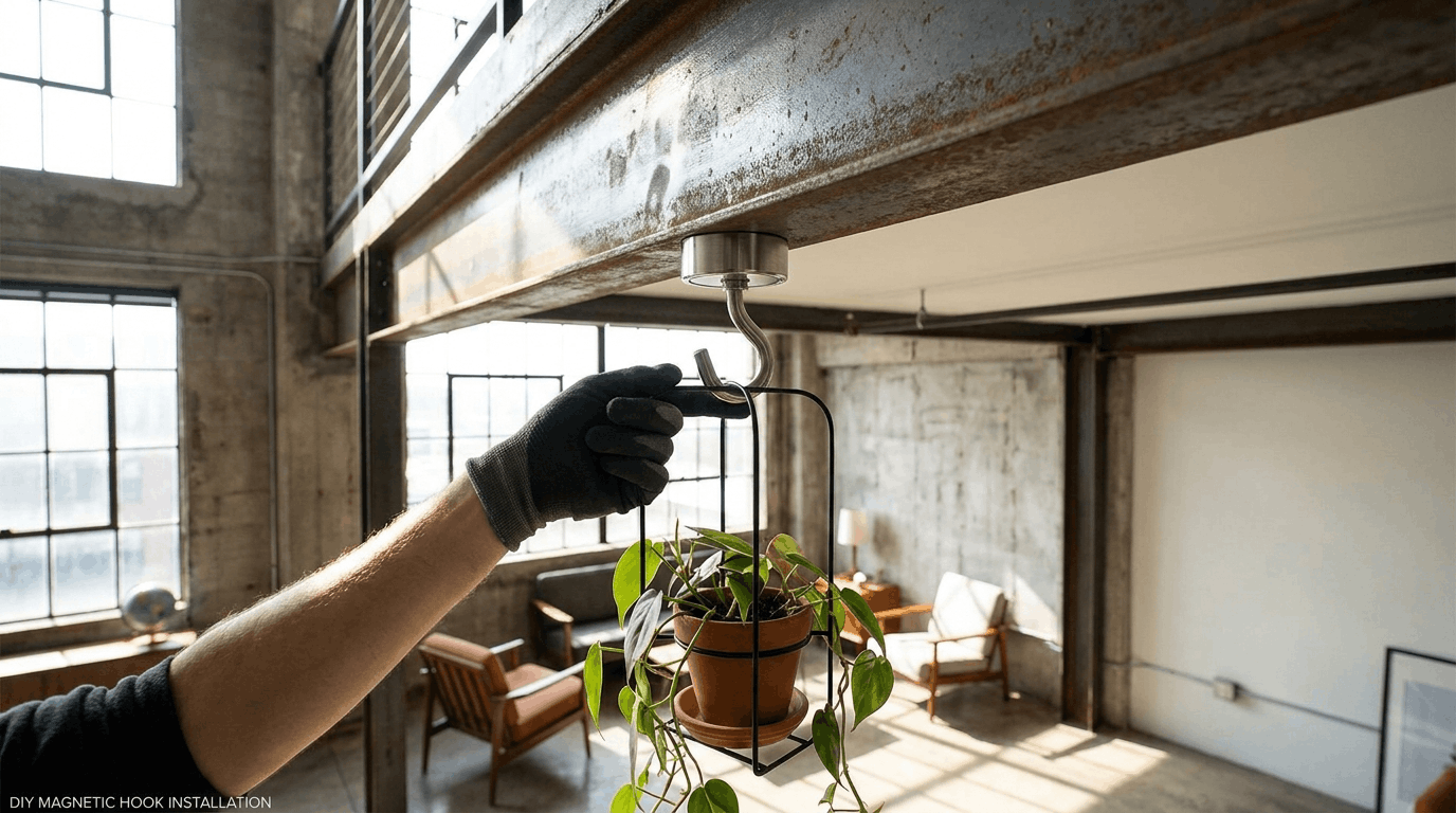 Magnetic hook attached to metal beam holding hanging plant in industrial loft interior with natural lighting.