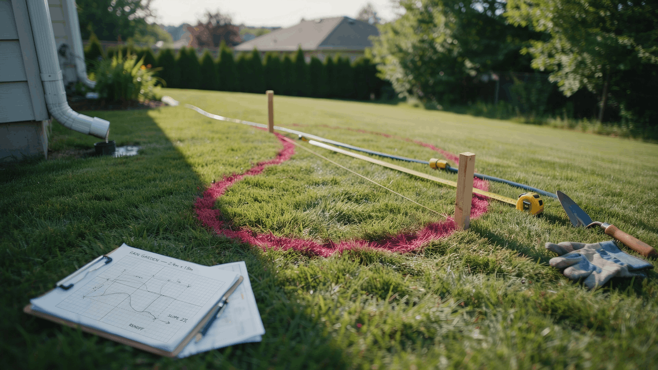 Landscape layout marked on lawn showing rain garden size calculation based on roof runoff area with measuring tools.