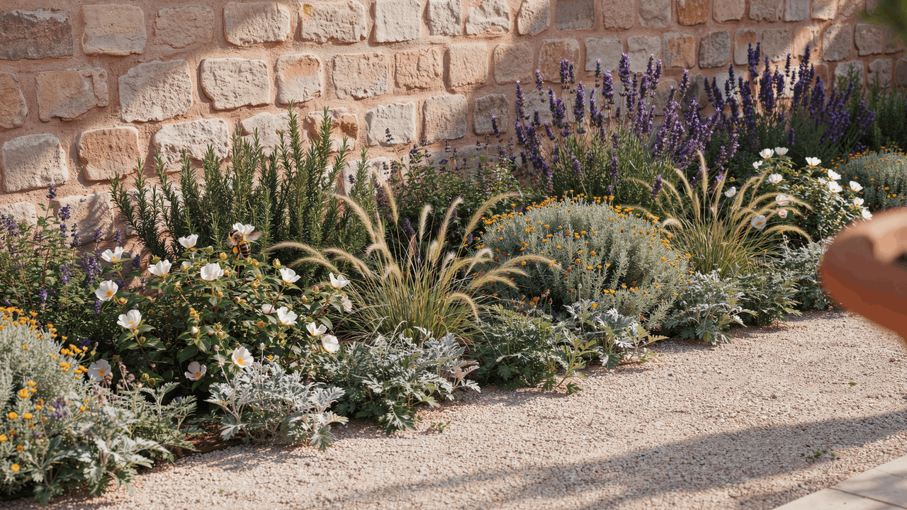 Mediterranean garden border with lavender, rosemary, and gravel mulch against a warm stone wall in sunlight.