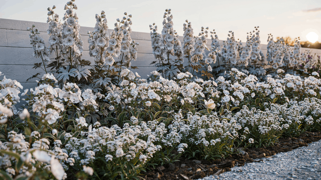 White monochromatic garden border with layered flowers arranged in structured planting for clean cohesive design.