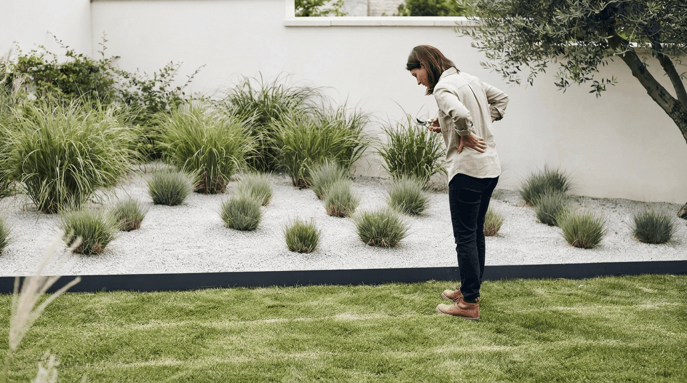 Modern minimalist garden border with steel edging, gravel mulch, and structured ornamental grass planting.