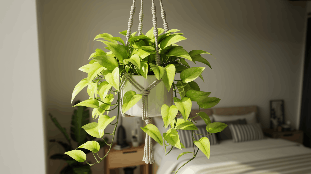 Neon pothos hanging plant with bright lime green leaves trailing in modern bedroom with soft natural light.
